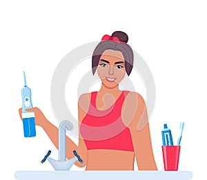 Woman using dental irrigator, oral hygiene tool. Dental health concept. Cleaning teeth. Vector illustration