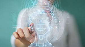 Woman using digital artificial intelligence head interface 3D rendering