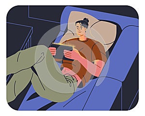 Woman using digital device, watching screen late at night. Girl lying on couch, enjoying online movie, internet series