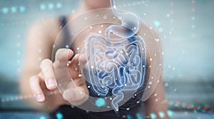 Woman using digital x-ray of human intestine holographic scan projection 3D rendering