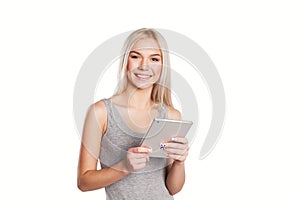 Woman using digital tablet computer happy isolated