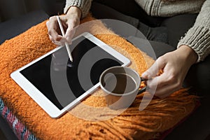 Woman Using Digital Tablet With Touch Pen