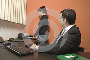 Woman Using Fax Machine - Horizontal