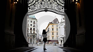 Woman using gadget in hofburg Vienna, silhouette, wide angle