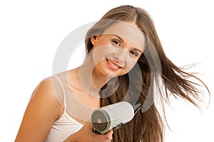 Woman using hairdryer