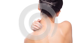 Woman using hand massage painful neck. And nape. red color highlight at neck , neck muscles isolated on white background