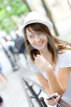 Woman using handsfree device