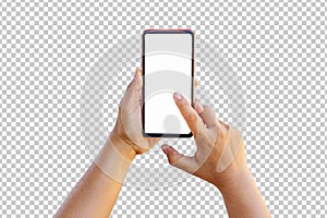 A woman using her finger to print on the screen of a modern mobile phone, isolated on a transparent background.