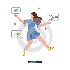 Woman using her intuitive kind of thinking, flat vector illustration isolated.