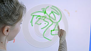 Woman using interactive touchscreen display for drawing