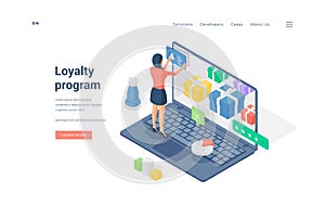 Woman using Internet store loyalty program isometric vector illustration