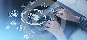 Woman using laptop AI icons hologram, chat bot and artificial intelligence