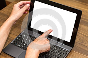 Woman Using Laptop with Blank Screen