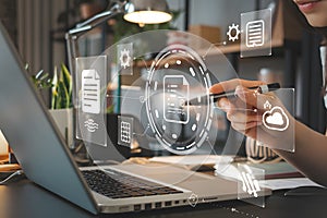 Digital Document Management System Modern Interface Laptop Cloud Computing Technology Business Woman Working Online