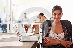 Woman Using Laptop In Modern Office Of Start Up Business