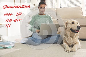 Woman using laptop near dog. Quarantine during coronavirus outbreak