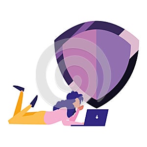 Woman using laptop shield protection