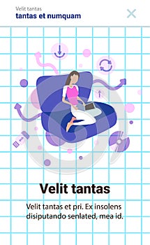 Woman using laptop sofa relax concept flat isolated vertical copy space