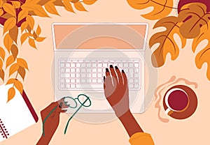 Woman using laptop. Top view. Autumn season.Working from home and cafe, remote job. Online shopping. Vector