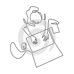 Woman using laptop top view continuous one line drawing. Female office worker, designer hand drawn character.