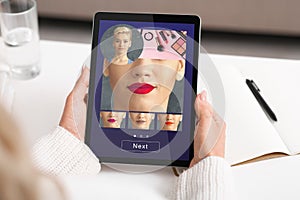 Woman Using Lipstick Color Makeup Simulation App On Digital Tablet, Creative Collage