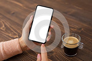 Woman using mobile phone. Smartphone mockup with empty white screen