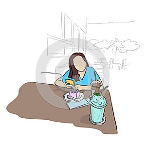 Woman using mobile phone with cake cand cool drinks on table in coffee shop vector illustration sketch doodle hand drawn with