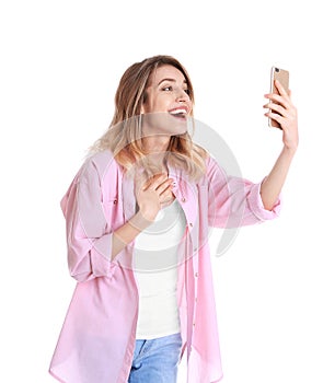 Woman using mobile phone for video chat