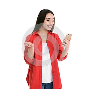 Woman using mobile phone for video chat