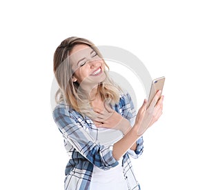 Woman using mobile phone for video chat on white