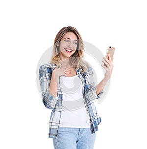 Woman using mobile phone for video chat on white