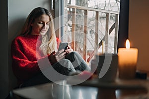 Woman using online dating app on laptop. Valentines Day, dating, meeting During The Coronavirus Outbreak. Love at