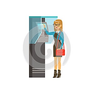 Woman using outdoor Information terminal, people carrying out operations with terminal vector Illustration