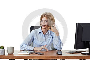 woman using PC computer and doing talking on the telephone gesture.