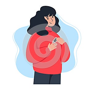 Woman using pulse oximeter device