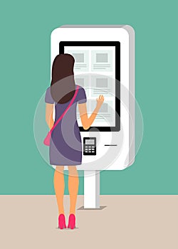 Woman using self-service payment and information electronic terminal with touch screen. Vector illustration in flat style