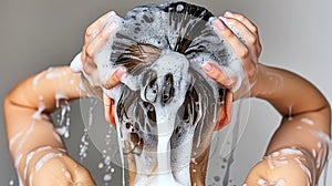 Woman using shampoo and shower in bathroom to cleanse, nourish, and care for her hair photo
