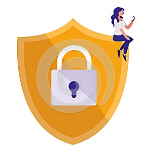 Woman using shield security with padlock