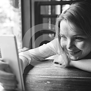 Woman Using Smart Phone Coffee Shop Concept