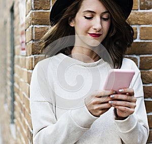 Woman Using Smart Phone Connection Techie photo