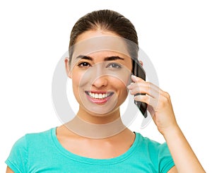 Woman Using Smart Phone Over White Background