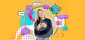 Woman using smartphone and chat bot doodle with speech bubbles icons