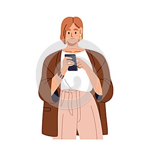 Woman using smartphone. Female character holding mobile phone in hand, surfing internet, texting business message