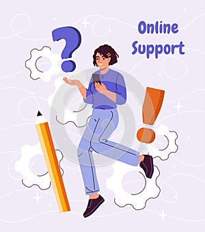 Woman using smartphone for online support vector