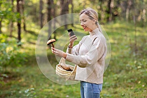 Woman using smartphone to identify mushroom