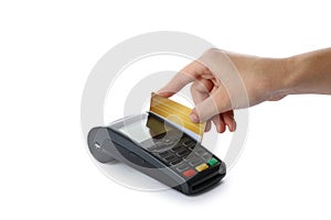 Woman using terminal for credit card payment on white background