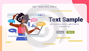 woman using translation application multilingual greeting international online communication concept horizontal