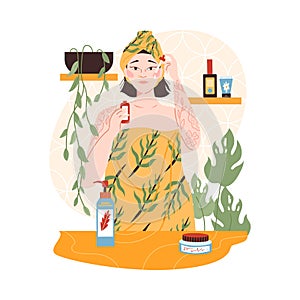 Woman using various facial cosmetics flat vector illustration isolated.