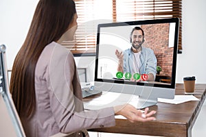 Woman using video chat for online job interview