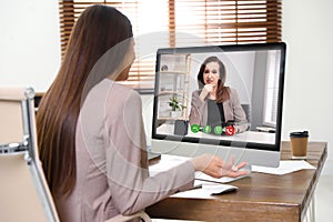 Woman using video chat for online job interview